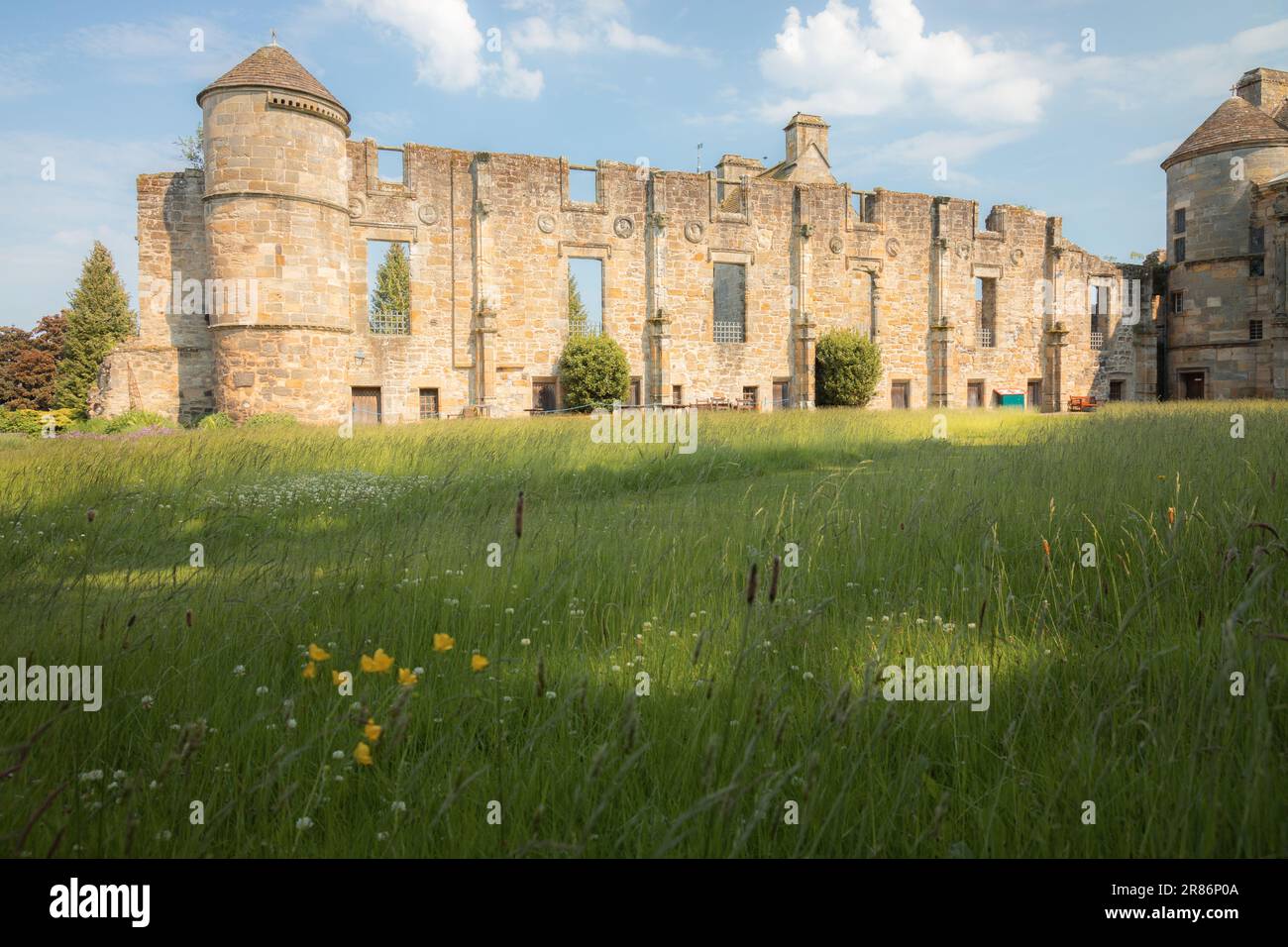 Historic Falkland Palace and with landscaped gardens on a sunny summer day in Fife, Scotland, UK. Stock Photo