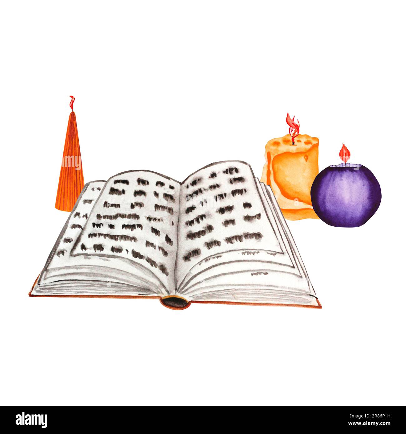 Watercolor illustration of a book of spells and candles. The drawing is ...