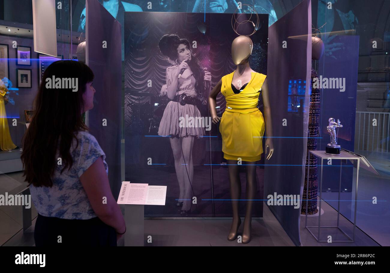 V&A, London, UK. 19th June, 2023. The V&A's summer blockbuster, DIVA celebrate the power and creativity of iconic performers, exploring and redefining the role of 'diva' and how this has been subverted or embraced over time across opera, stage, popular music, and film. Image: Dress worn by Amy Winehouse for the Brit Awards 2007. Credit: Malcolm Park/Alamy Live News Stock Photo