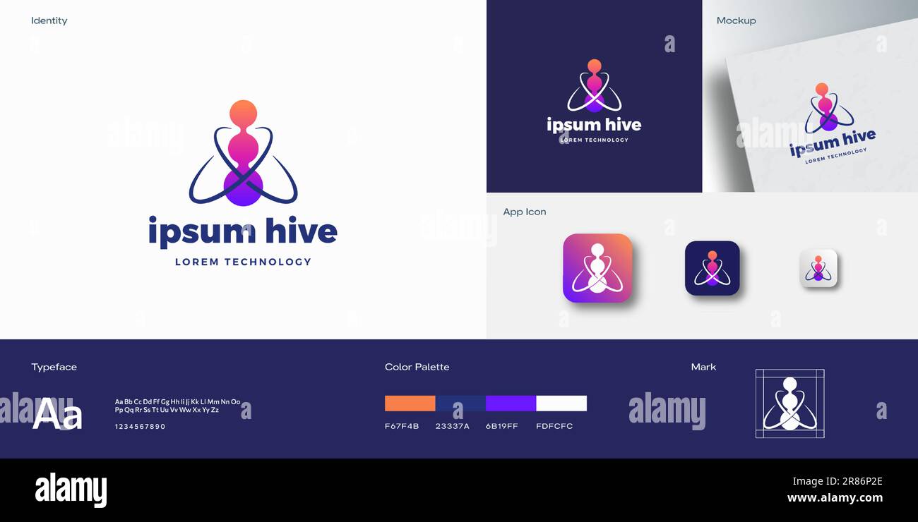 Hive Bee Technology Abstract Vector Logo Template. Bee Silhouette with Orbits as Wings. Identity Guide with Typography mockup and app icons background Stock Vector