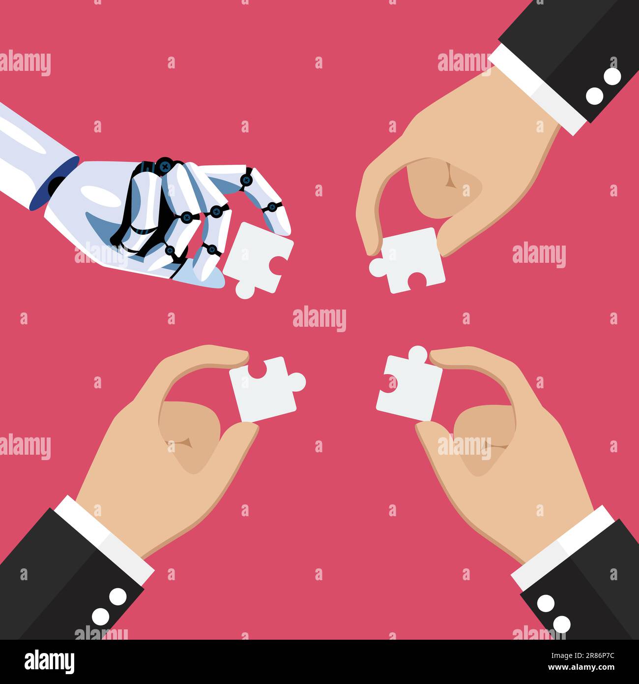 Businessmen and AI robot insert jigsaw pieces together. Human and AI Artificial Intelligence working together. Vector illustration Stock Vector