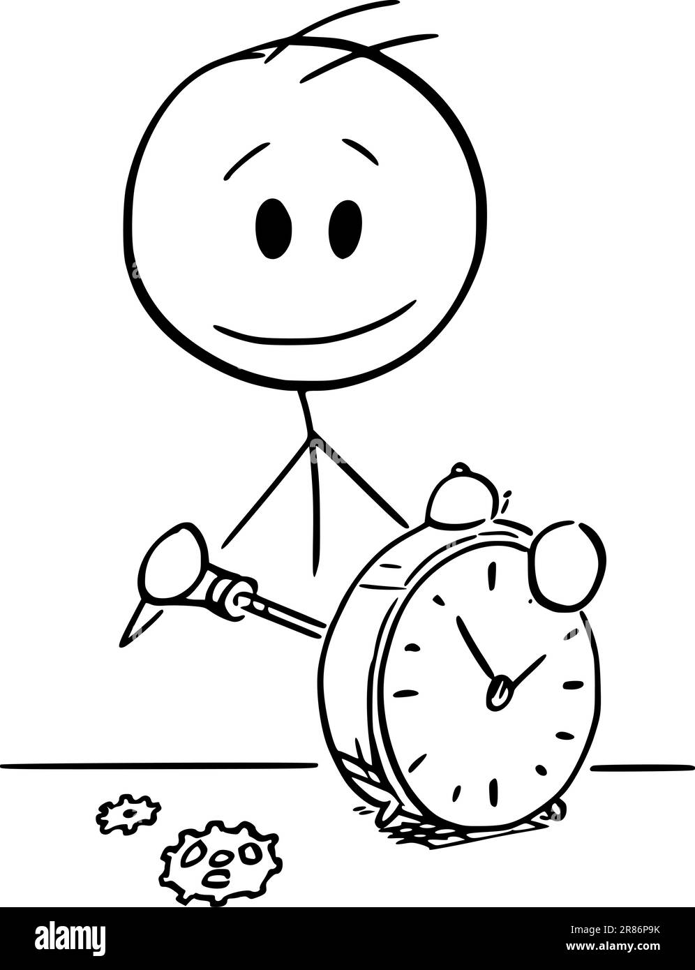 Watchmaker Repairing Alarm Clock , Vector Cartoon Stick Figure Illustration Stock Vector