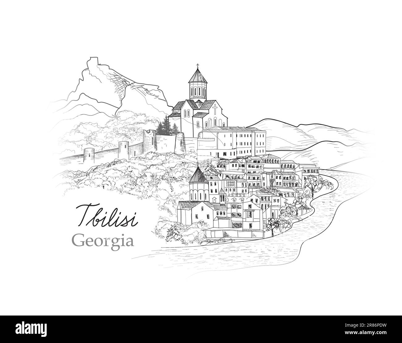 Old city skyline view. Capital cityTbilsi cityscape. Landscape with mountains, hills, river, ancient cathedral, tower and old city steets of downtown. Stock Vector