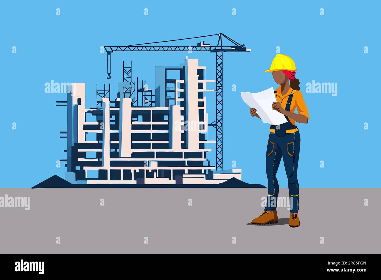 Scene of a builder looking at a blueprint and the building under construction in the background. Vector illustration Stock Vector