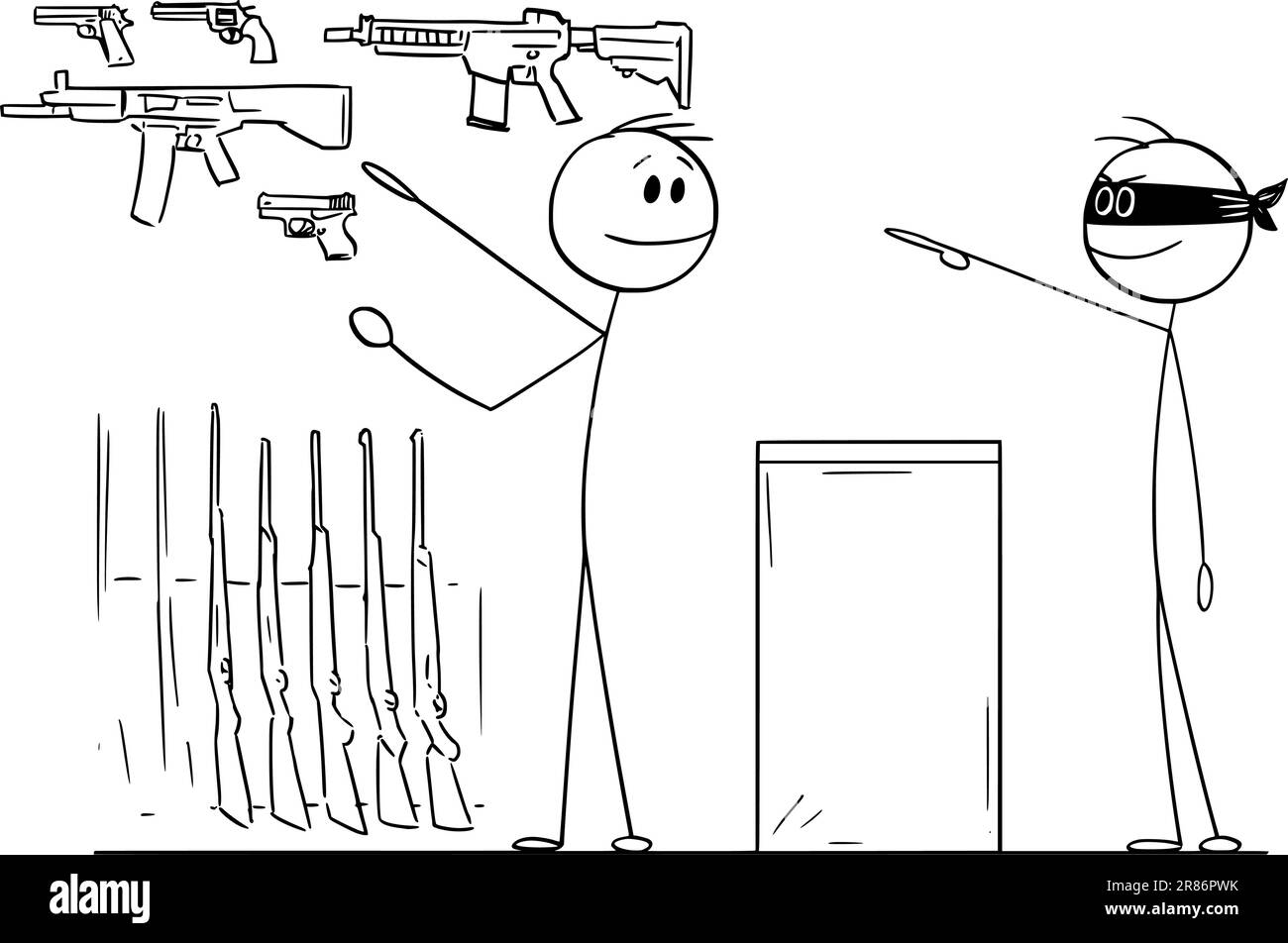 Criminal or gangster in gun shop buying pistol or rifle, vector cartoon