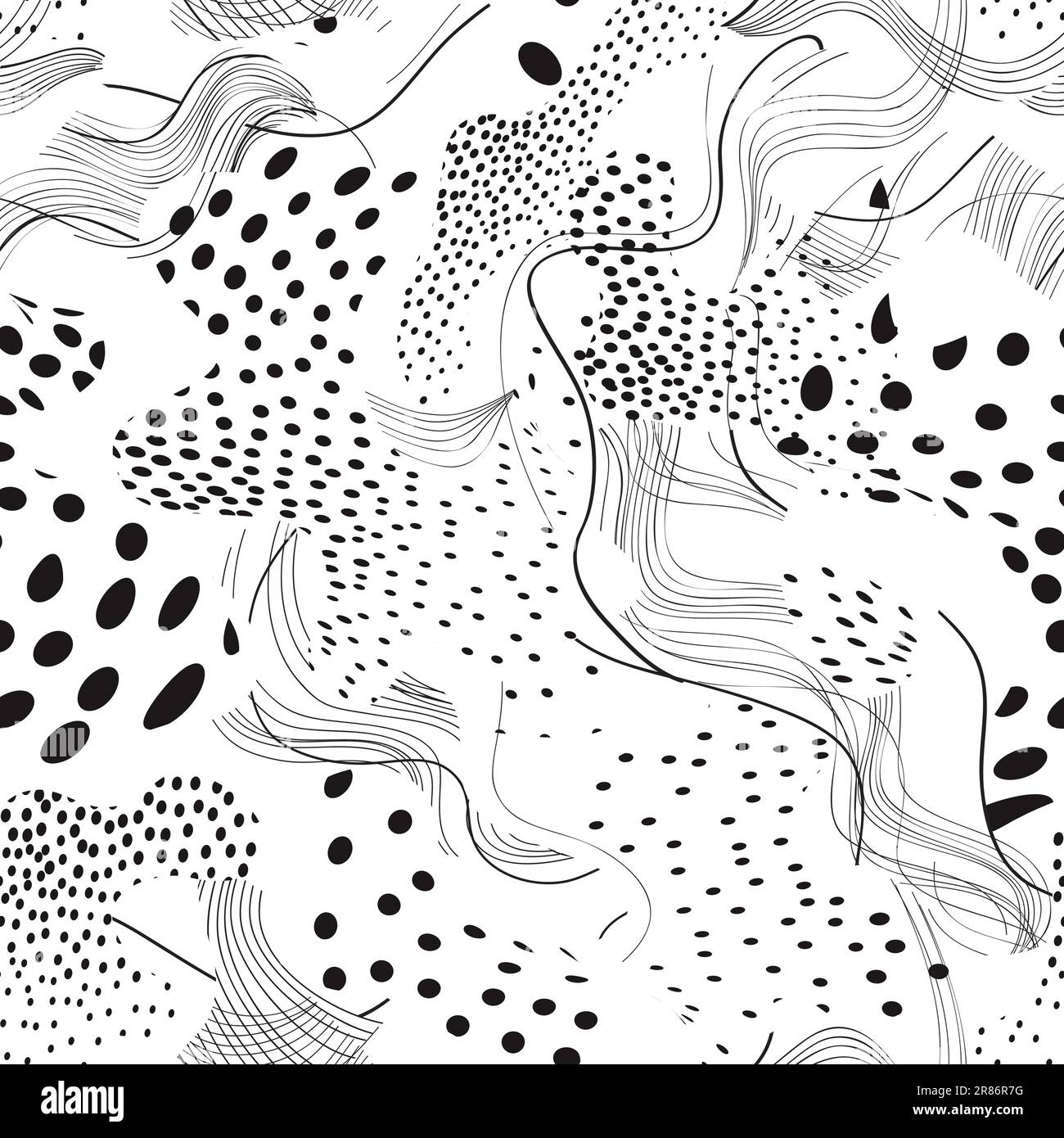 Abstract dotted seamless pattern with chaotic flowing swirl lines and blots in geometric style. Dots and blots artistic stylish polka dot ornamental e Stock Vector