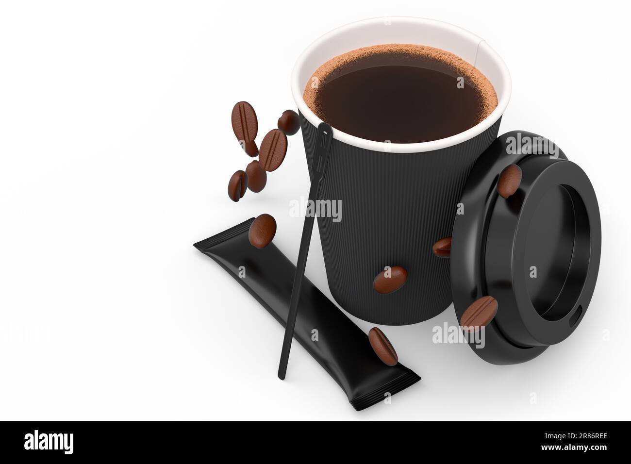 Paper coffee cup with cover, sugar, coffee bean and stick for americano ...