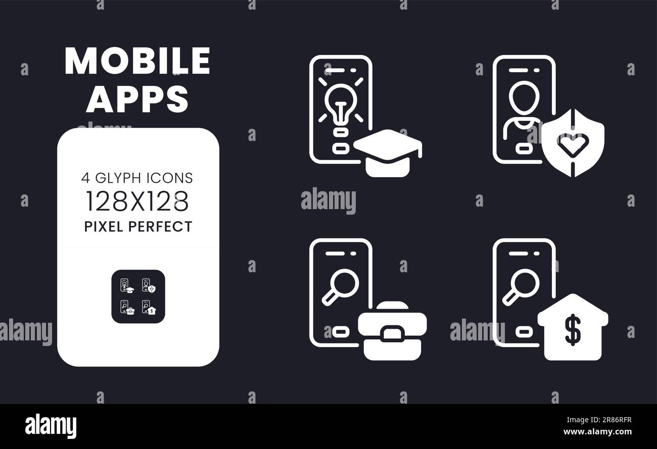 Mobile apps white solid desktop icons set Stock Vector