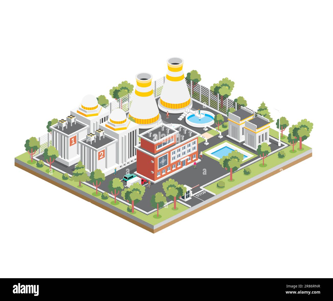 Isometric Nuclear Power Plant. Clean Energy. Generate Electricity. Exterior View of Nuclear Reactor. Vector Illustration. Infographic Element Isolated Stock Vector