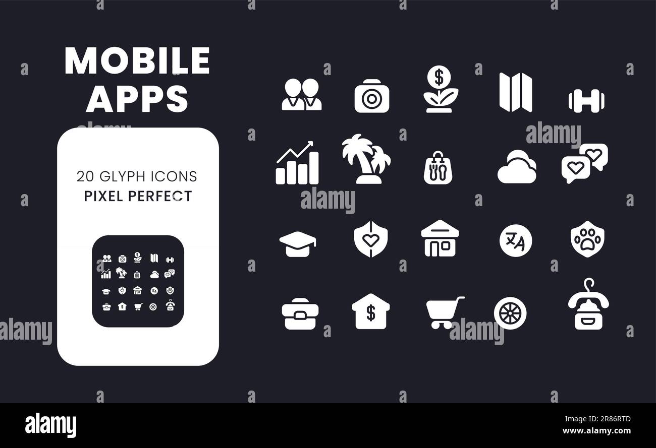 Mobile apps white solid desktop icons set Stock Vector