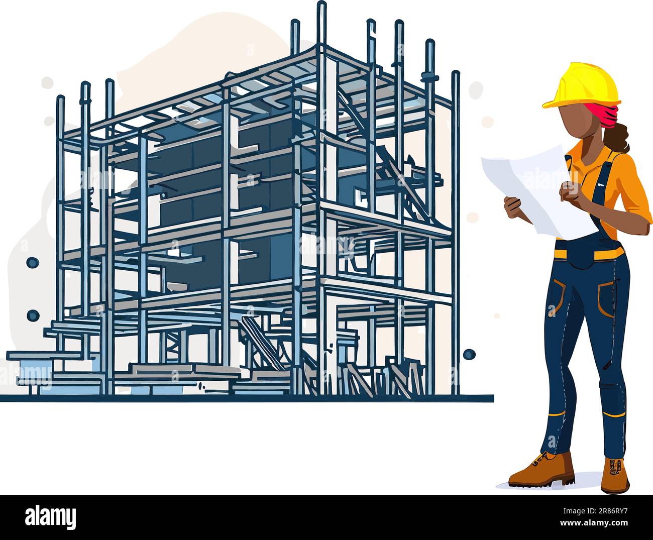 Woman builder reading a plan on construction site isolated on white