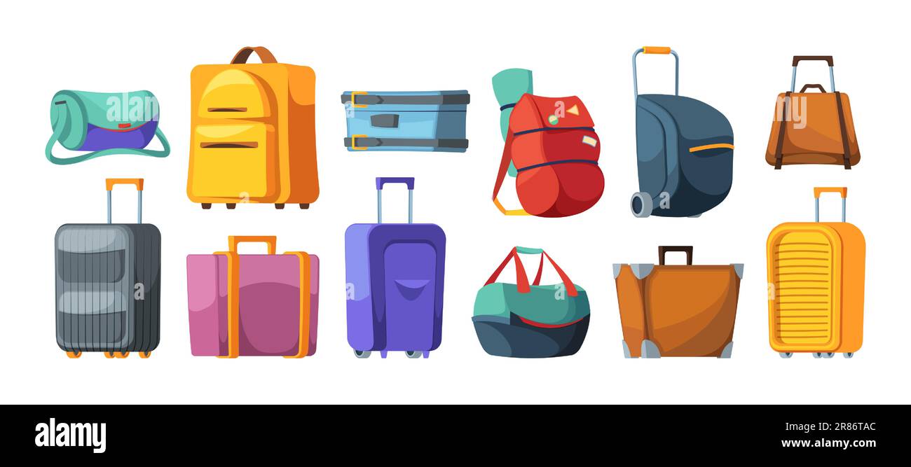 Baggage suitcase. Cartoon luggage for traveling, backpack rucksack