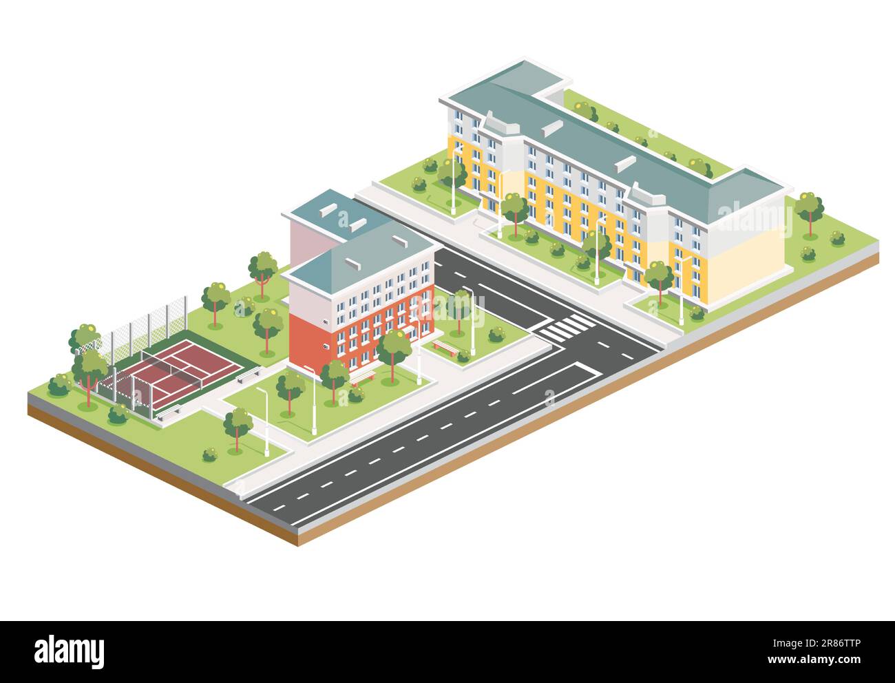 Isometric Residential District. Two Five Storey Buildings. Hotel with Tennis Court. Infographic Element. Vector Illustration. City Architecture. Stock Vector