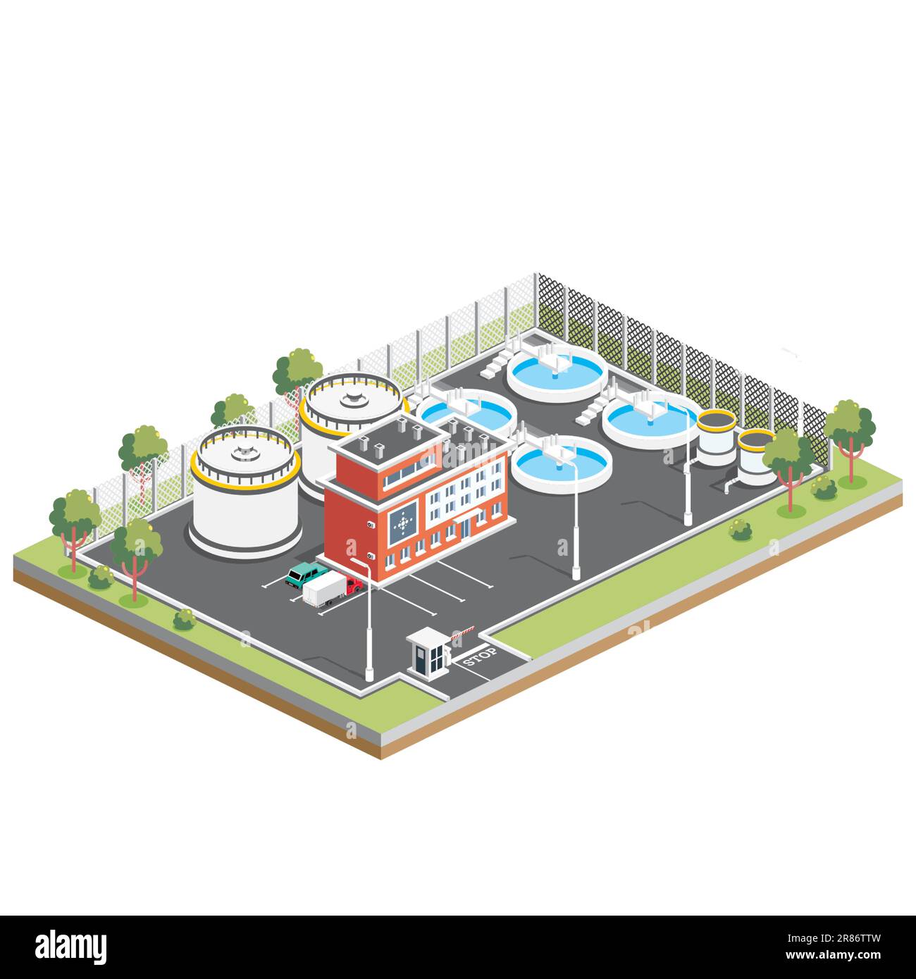 Isometric Wastewater Treatment Facility. Infographic Design Element Isolated on White Background. Vector Illustration. Ecology of Water Resources. Stock Vector