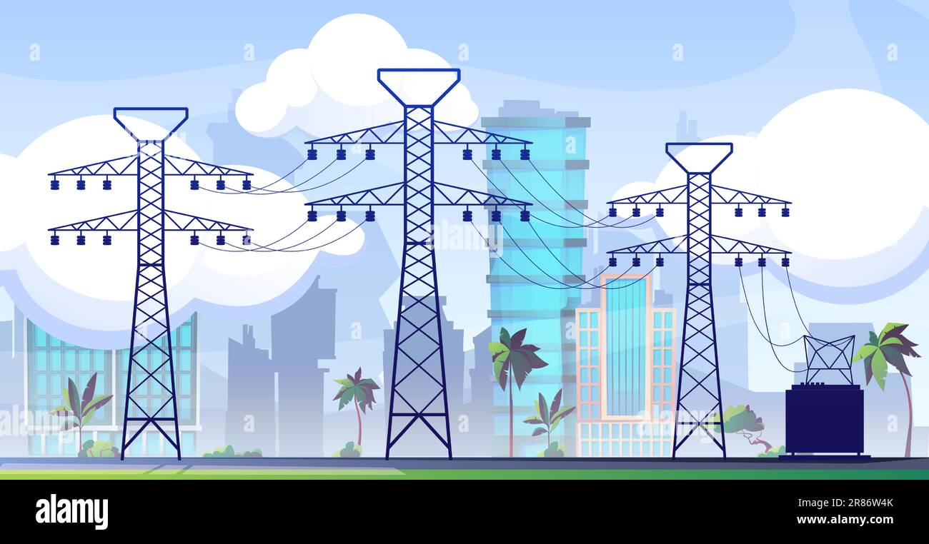 Electric line with pylons. Grid transmission system with towers and