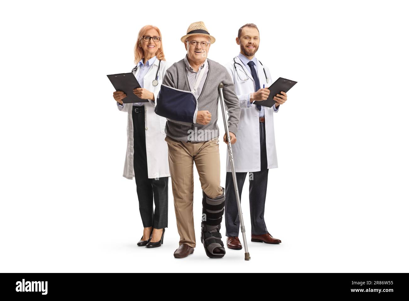 Full length portrait of a senior male patient with crutches and