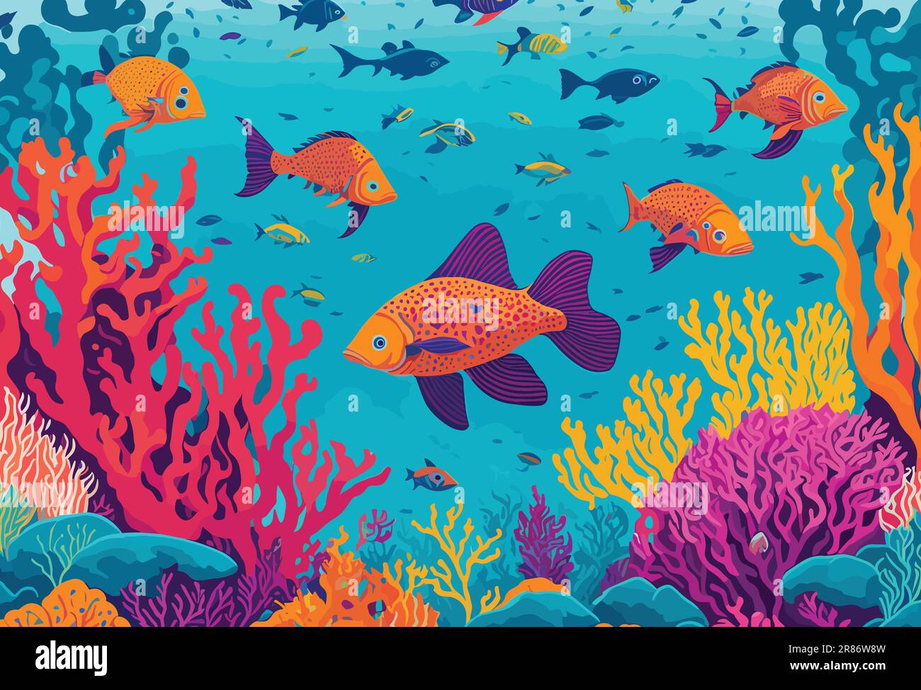A breathtaking view of a coral reef teeming with vibrant marine life, from colorful fish and delicate seahorses to majestic sea turtles and shimmering Stock Vector
