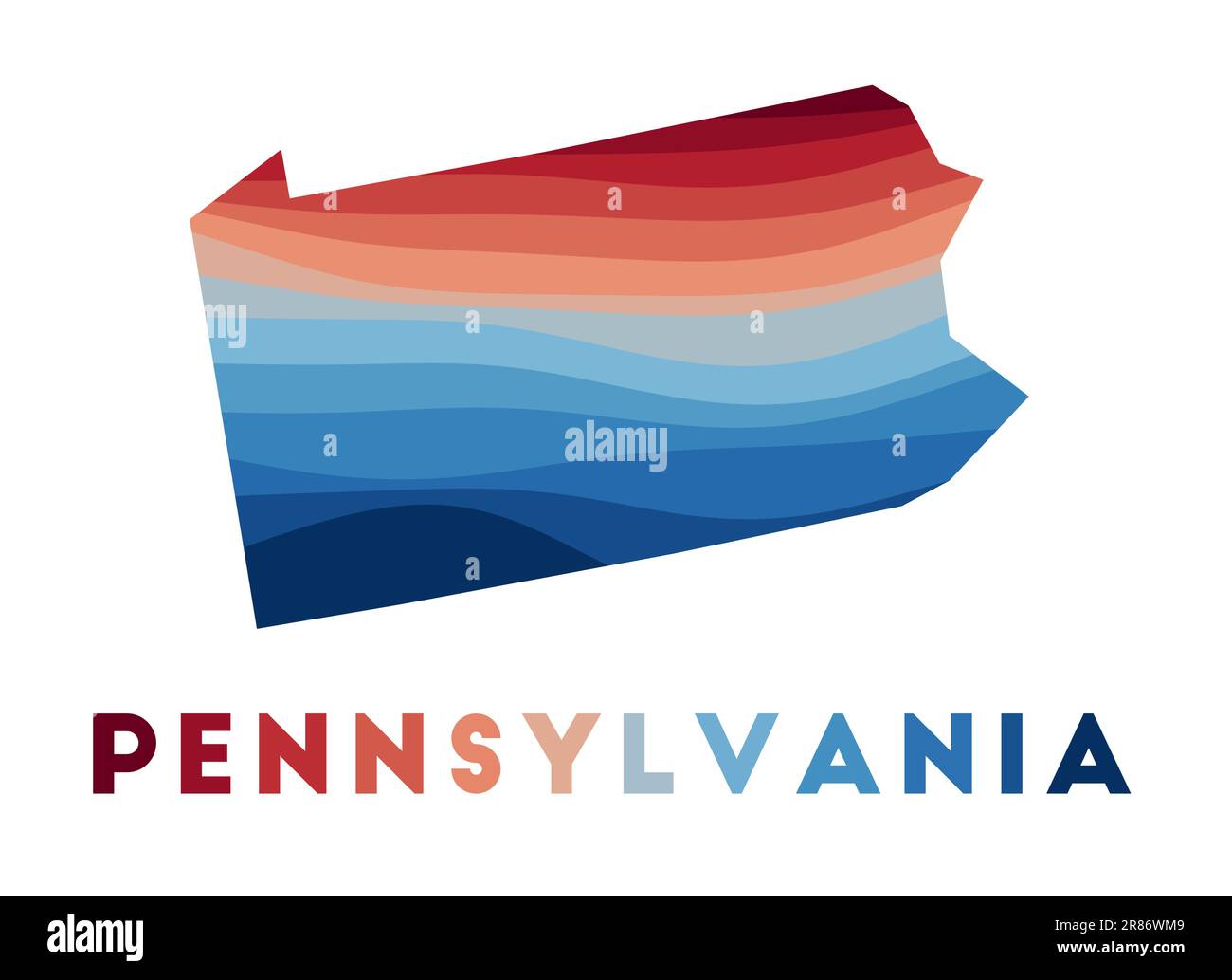 Pennsylvania map. Map of the us state with beautiful geometric waves in red blue colors. Vivid