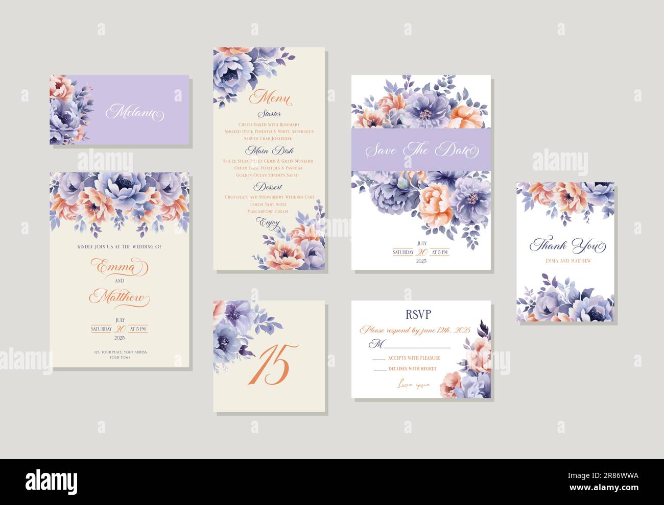 Wedding invitation set watercolor purple and peach Floral template card ...