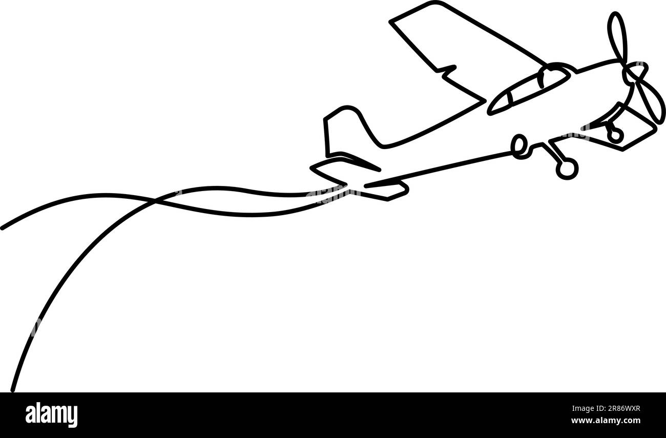 Small plane flying in sky. Continuous one line art drawing style. Private airplane black linear sketch isolated on white background. Vector illustrati Stock Vector