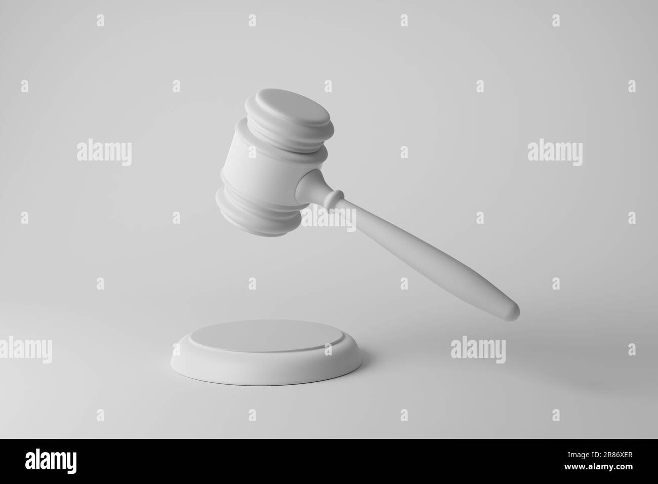 White judge gavel and sound block on white background in monochrome and minimalism. Illustration of legal system, justice and legislation Stock Photo