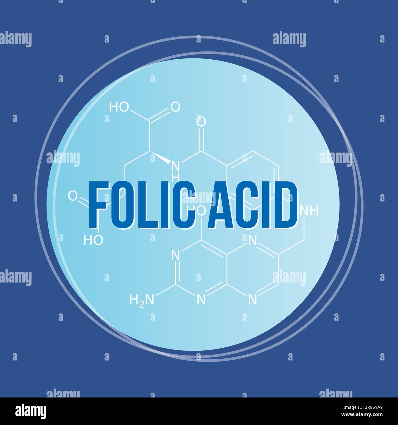 Folic acid, vitamin b9, round icon with formula, blue background, vector medical illustration Stock Vector