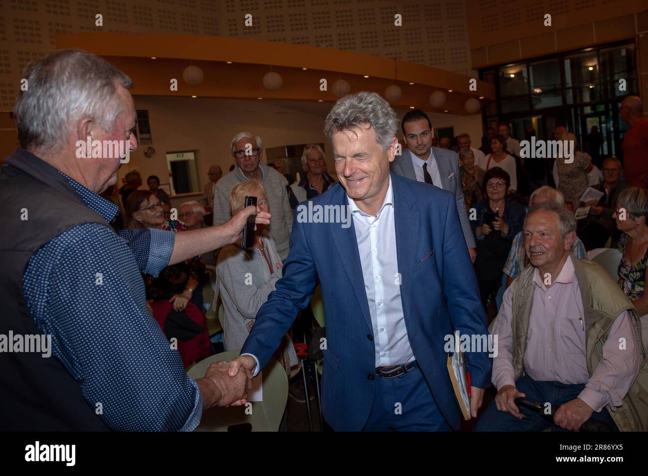Sainte Tulle, France. 14th June, 2023. Fabien Roussel meets local elected representatives. Fabien Roussel, First Secretary of the French Communist Party, organized the final stage of his Tour de France to listen to the French people in Sainte-Tulle, France. Credit: SOPA Images Limited/Alamy Live News Stock Photo