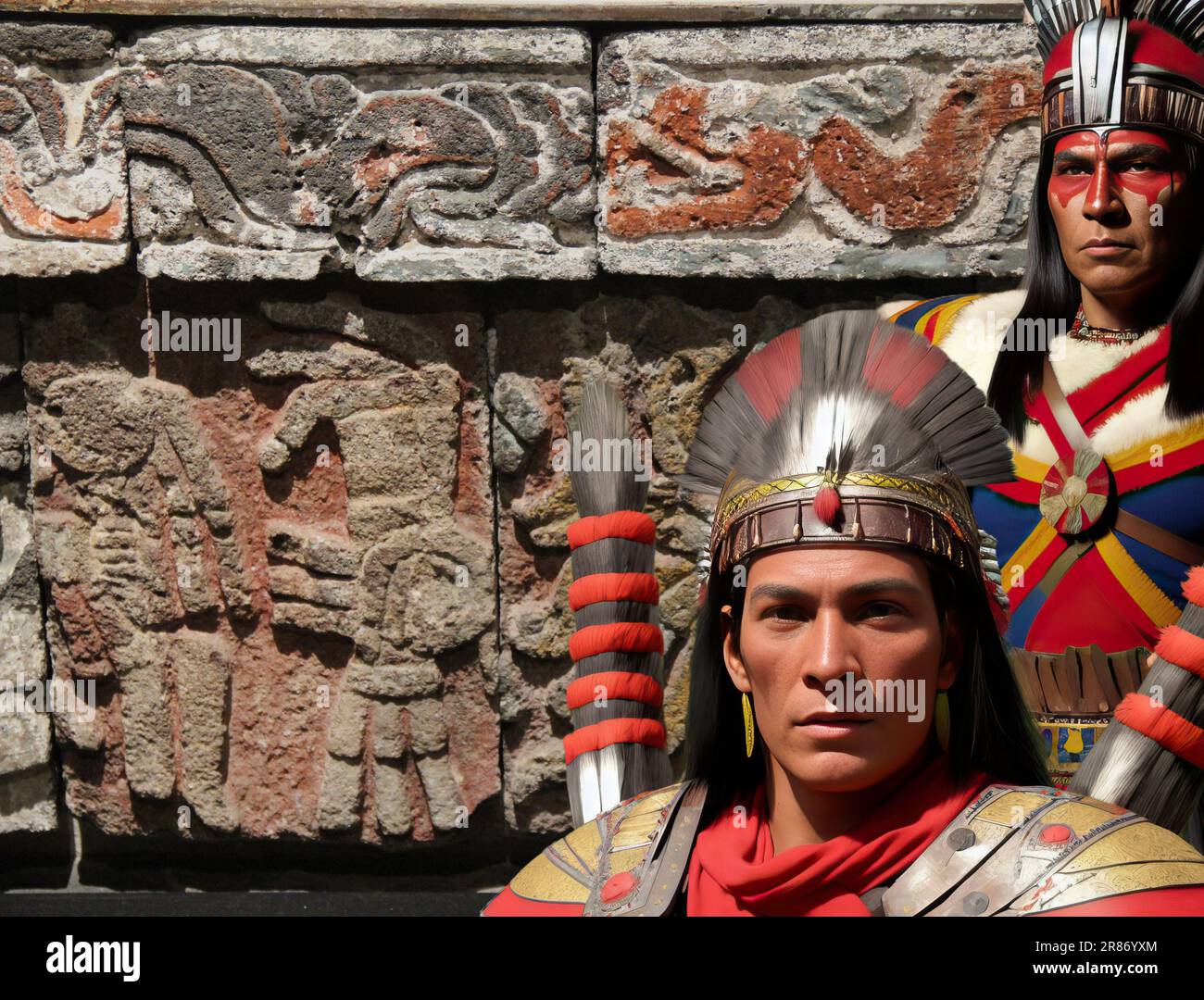 Pre-Columbian warriors against the background of the walls of Teotihuacan the famous pre-Columbian city of Mesoamerica located in the Valley of Mexico Stock Photo