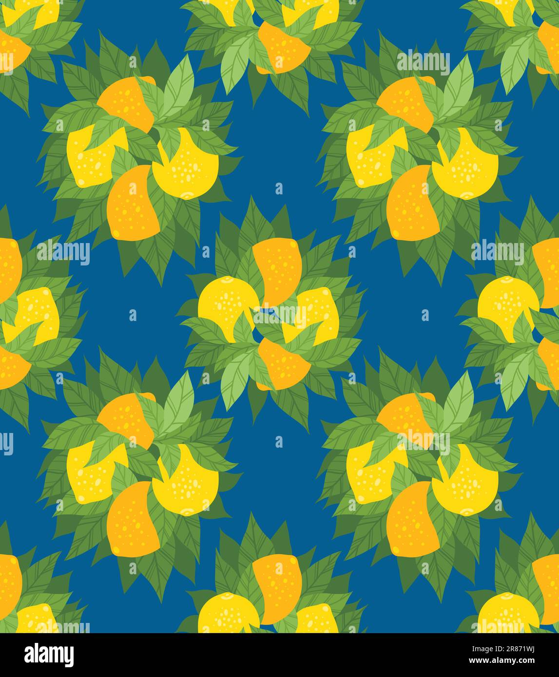 Vector seamless pattern with bunch of juice lemons with foliage on blue ...