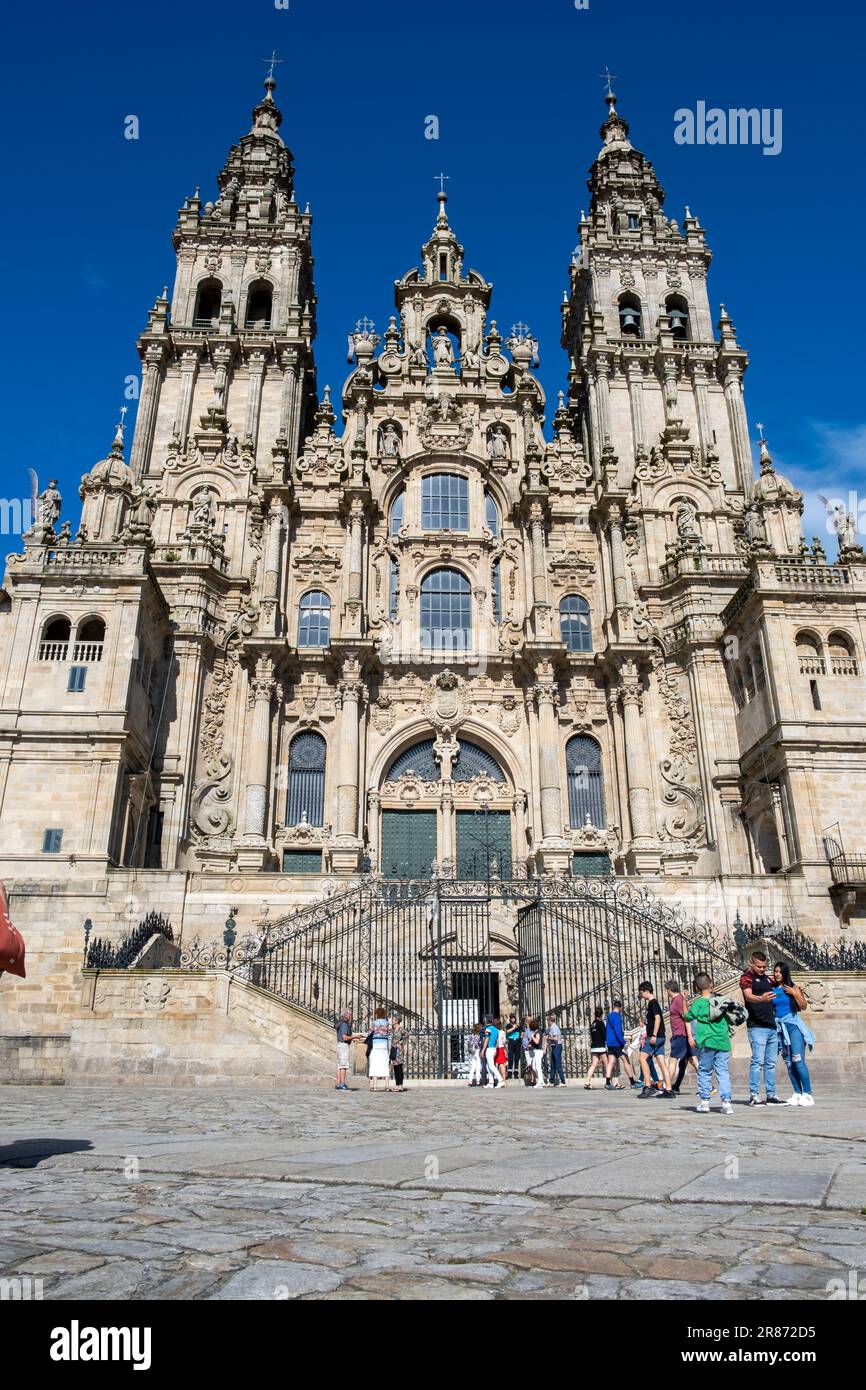 Santiago de Compostela, La Coruna, Galicia, Spain  - 11 June, 2023. Tourists and pilgrim in front of the Cathedral of Santiago de Compostela Stock Photo