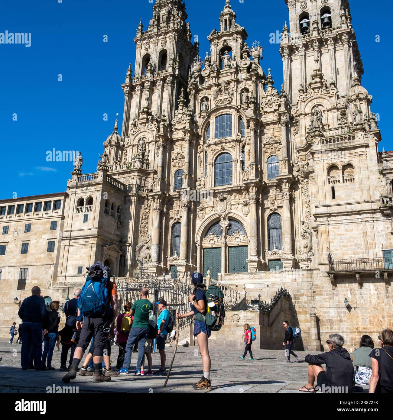 Santiago de Compostela, La Coruna, Galicia, Spain  - 11 June, 2023. Tourists and pilgrim in front of the Cathedral of Santiago de Compostela Stock Photo