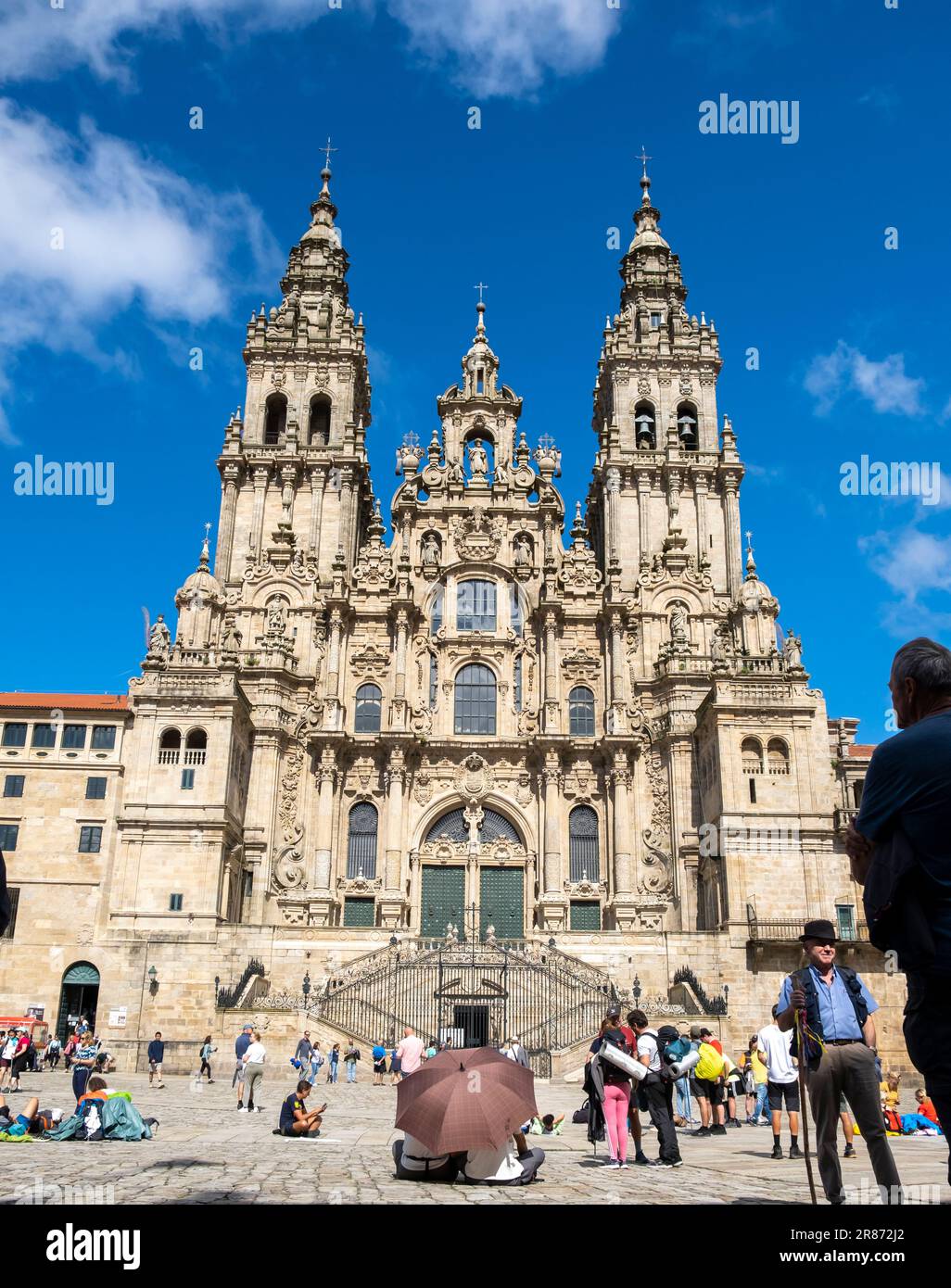 Santiago de Compostela, La Coruna, Galicia, Spain  - 11 June, 2023. Tourists and pilgrims in front of the Cathedral of Santiago de Compostela Stock Photo