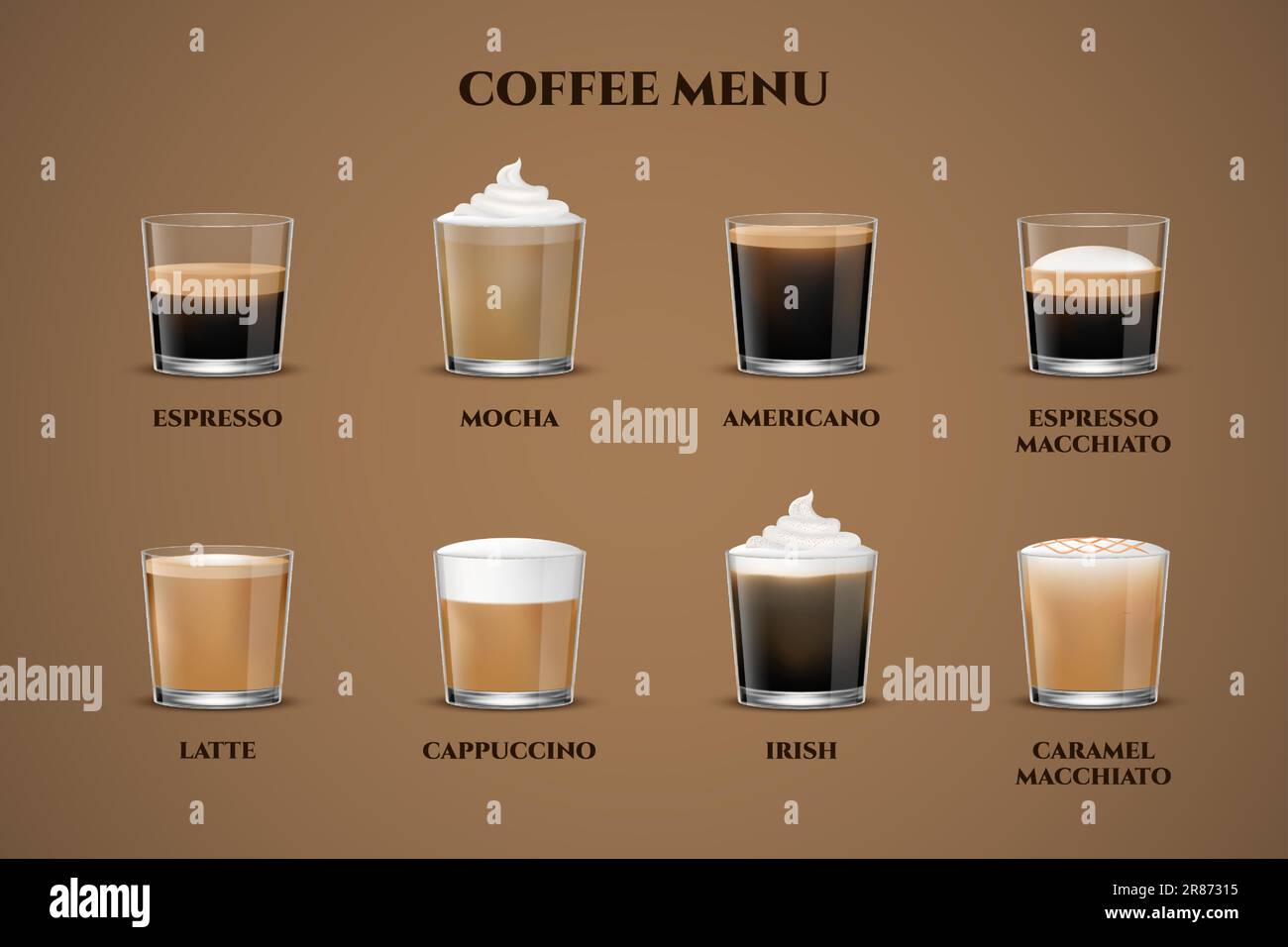 Coffee menu. Espresso in transparent glass cup, cappuccino and latte shot,  americano, aroma mocha with ice milk. Cafe or restaurant aromatic foam cold  Stock Vector Image & Art - Alamy