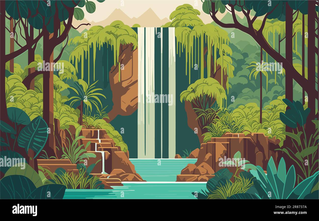 background illustration showcasing a serene jungle scene with a hidden waterfall nestled among ancient ruins covered in lush vegetation. sense of Stock Vector