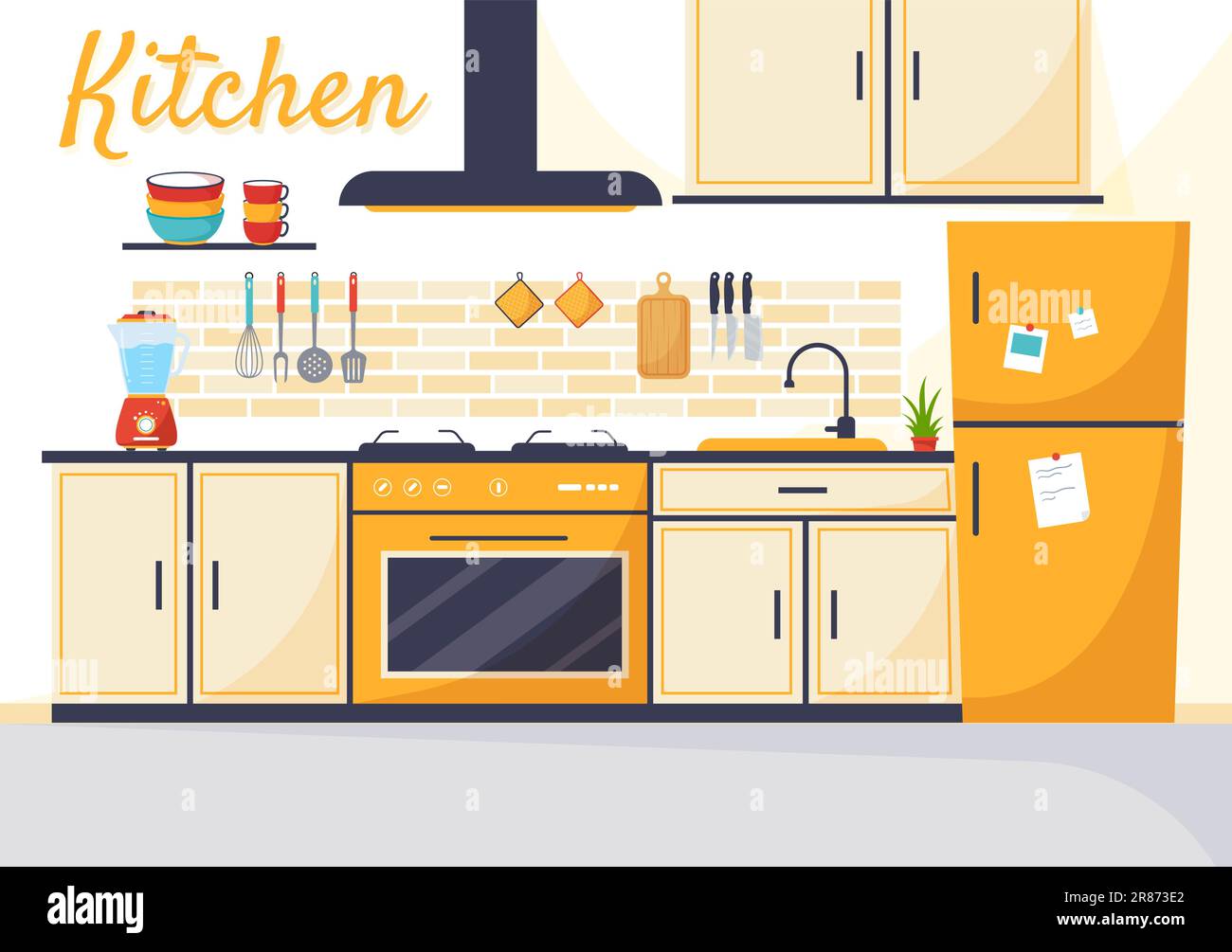 Kitchen Architecture Vector Illustration with Furniture and Interior such  as Table, Stove and Fridge in Flat Cartoon Hand Drawn Background Templates  Stock Vector Image \u0026 Art - Alamy, image size:1300x1005