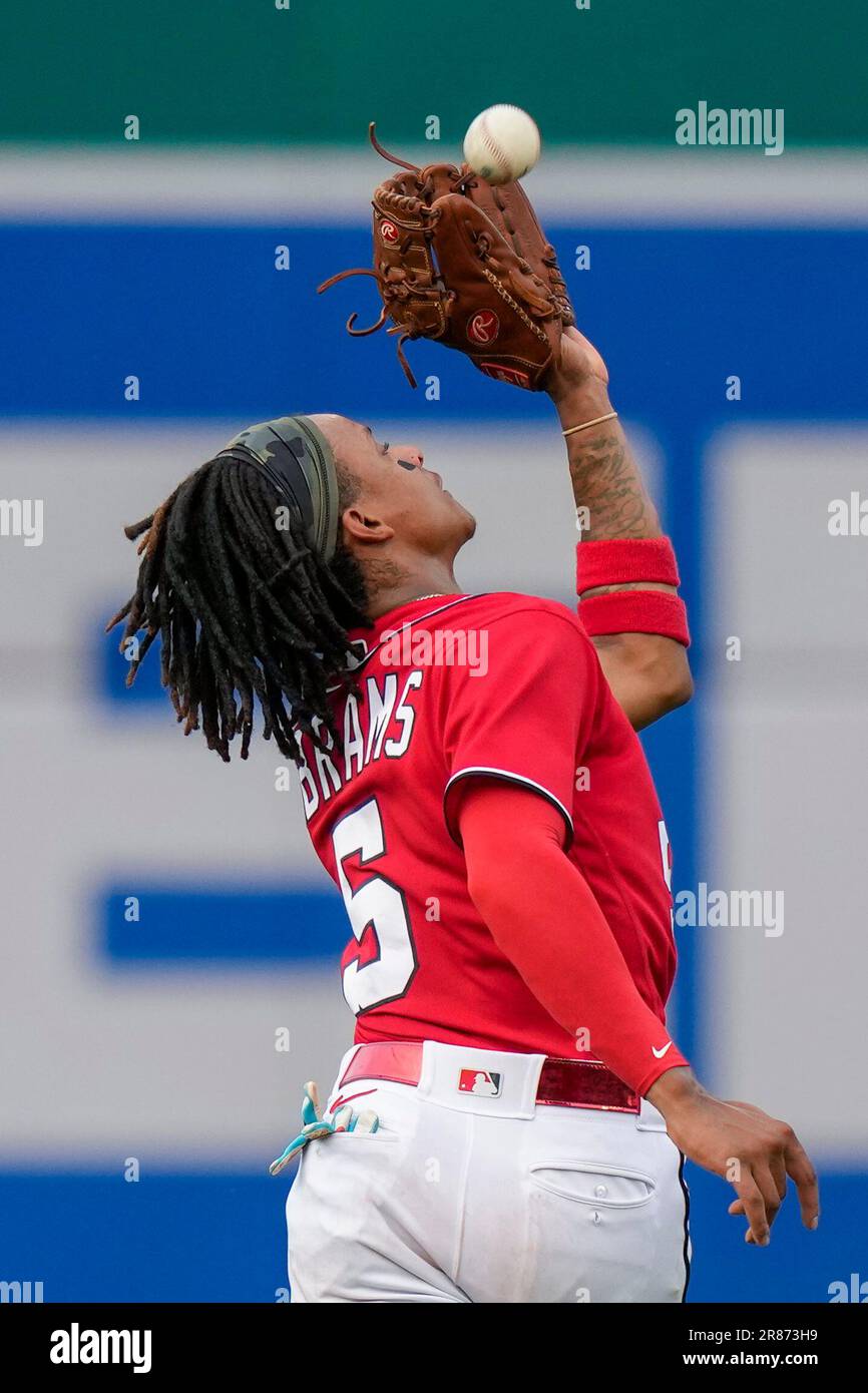 Houston, United States. 13th June, 2023. Washington Nationals shortstop CJ  Abrams (5) batting in the top of the fifth inning during the MLB game  between the Washington Nationals and the Houston Astros