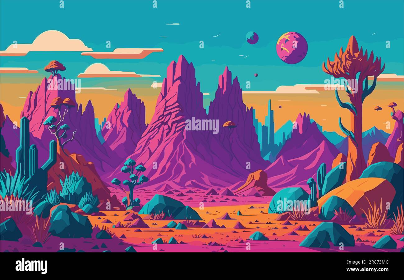 background illustration showcasing a mystical and otherworldly alien landscape with strange rock formations, glowing plants, and surreal skies Stock Vector