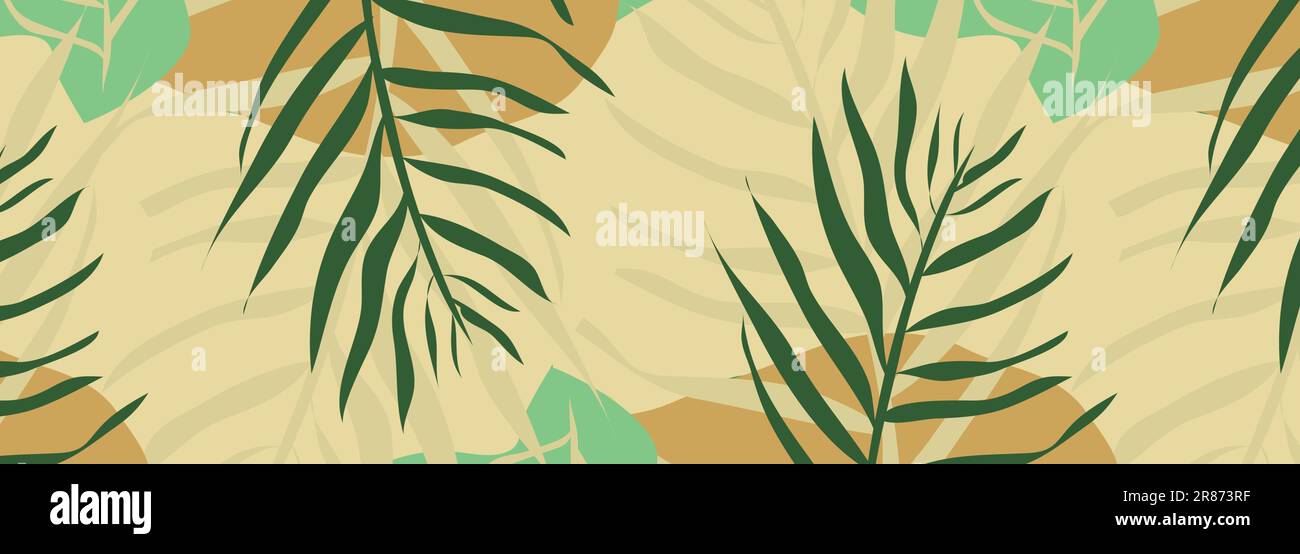 Vector abstract background with tropical leaves. Wide summer or spring banner. Vector illustration Stock Vector