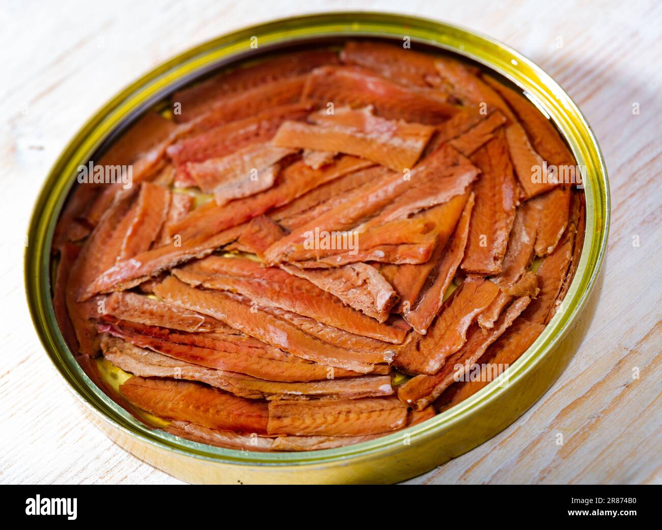 Salted anchovy fillets in oil, traditional spanish canned food Stock