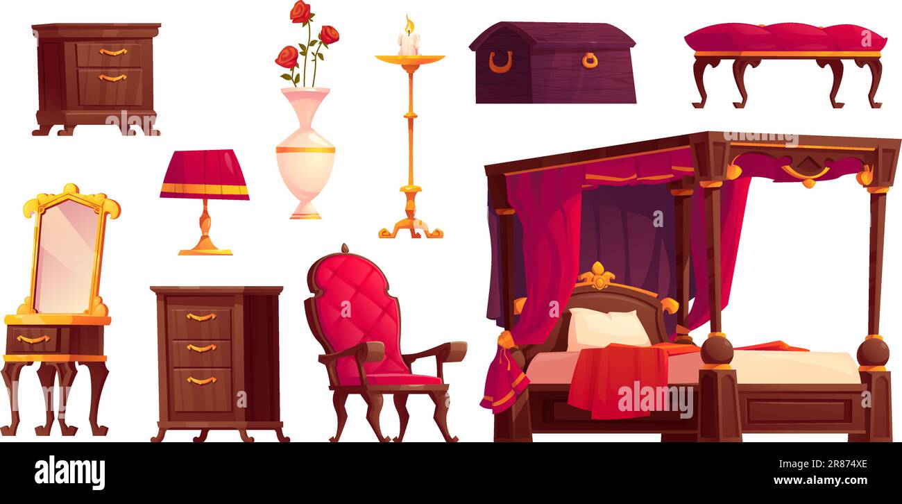 Victorian bedroom interior with vintage royal red furniture. Classic princess bed, retro mirror and armchair for baroque castle room. Isolated medieva Stock Vector