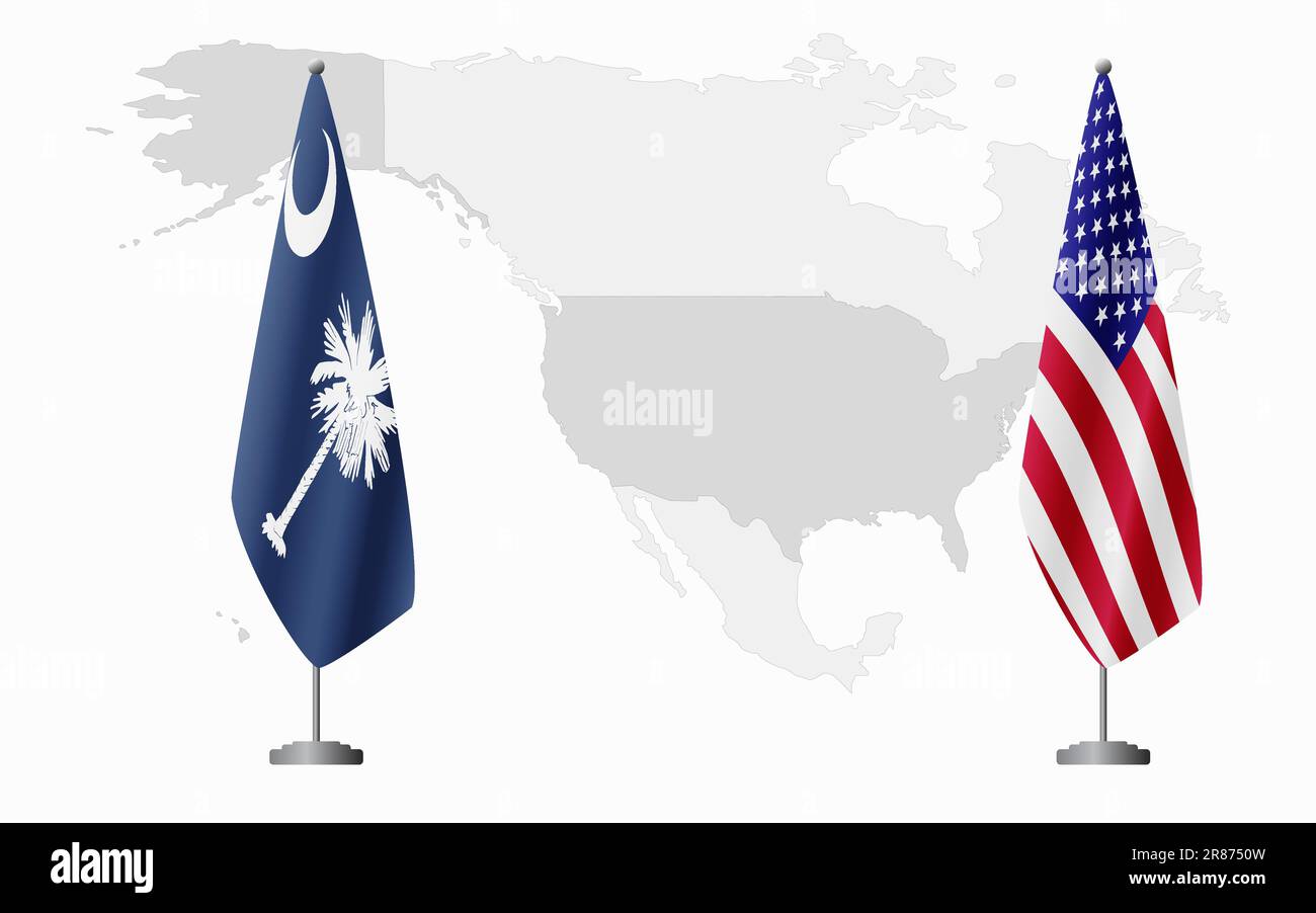 South Carolina US and USA flags for official meeting against background of world map. Stock Vector