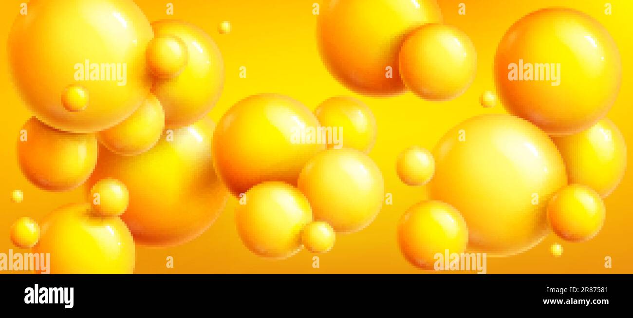 3d yellow sphere vector background. Abstract ball bubble glossy texture pattern. Plastic geometric dynamic bounce concept for summer or autumn illustr Stock Vector