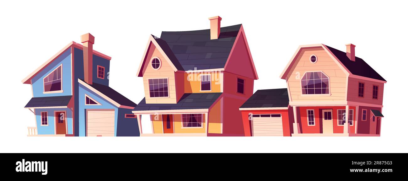 Suburban house building exterior village cartoon vector icon set. Cottage home illustration isolated on white background. Modern real estate family vi Stock Vector