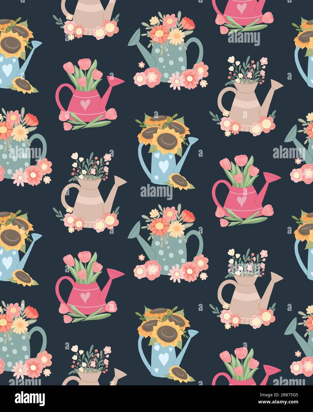 Vector summer pattern with watering cans and bouquets of flowers on a ...