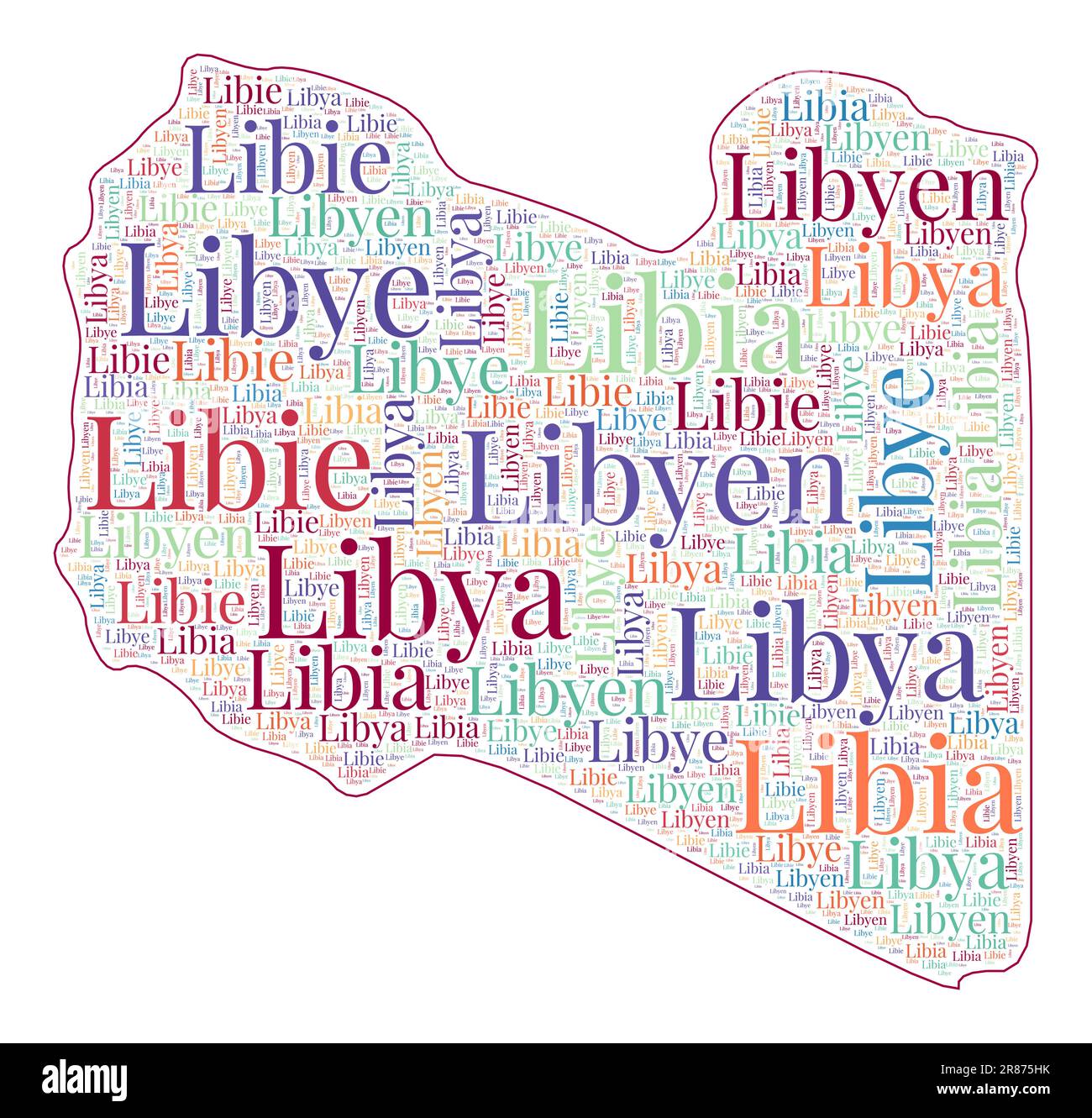 Libya shape filled with country name in many languages. Libya map in ...