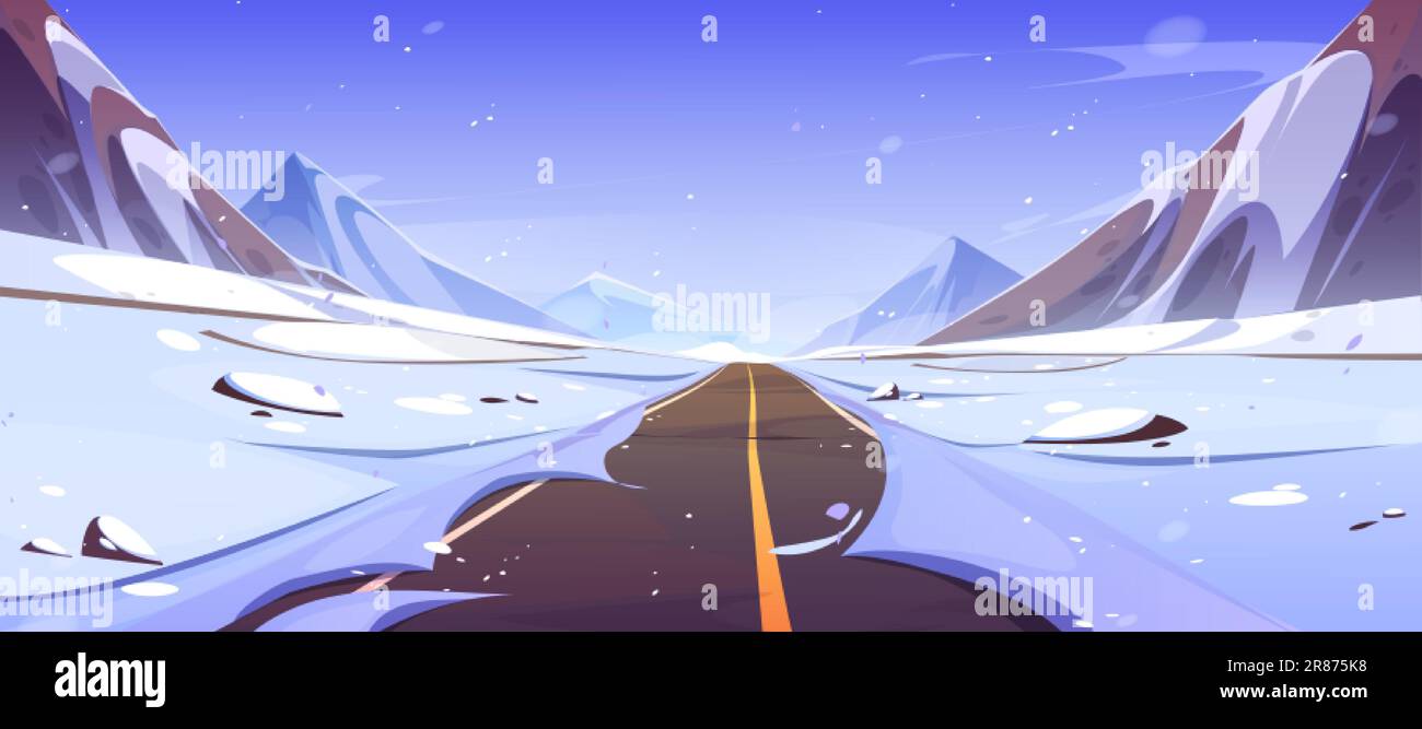 Winter snow road and mountain landscape scene vector background