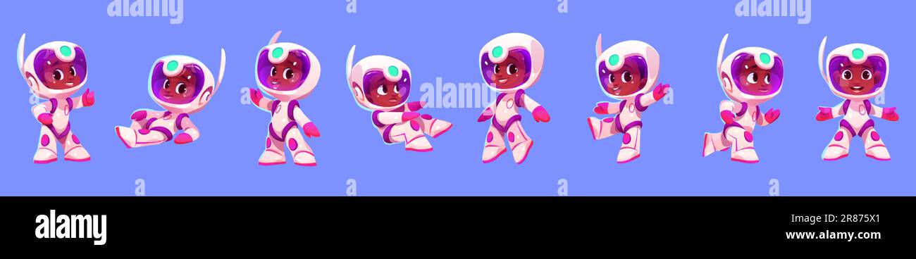 Cartoon set of african american child astronaut isolated on background. Vector illustration of cute boy in white space suit running, standing, smiling Stock Vector