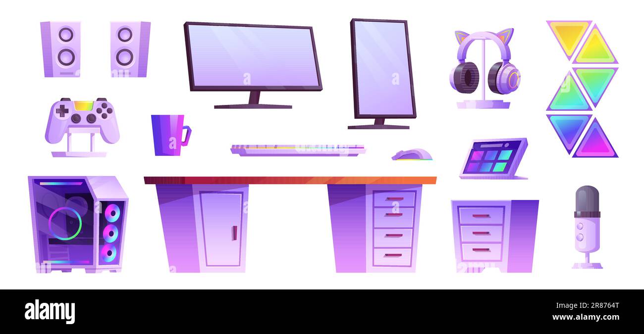 Isolated game computer in streamer room interior vector set. Cartoon neon computer, desk and keyboard futuristic equipment for geek workstation. Headp Stock Vector