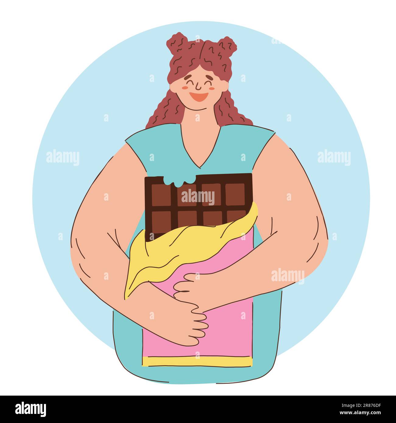 Cheerful girl with chocolate in her hand. Chocolate Day. Holiday. Unhealthy food for dessert. Vector illustration Stock Vector