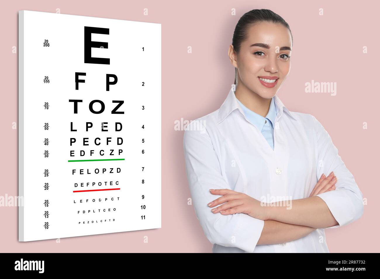 Vision test. Ophthalmologist or optometrist near eye chart, pink background Stock Photo